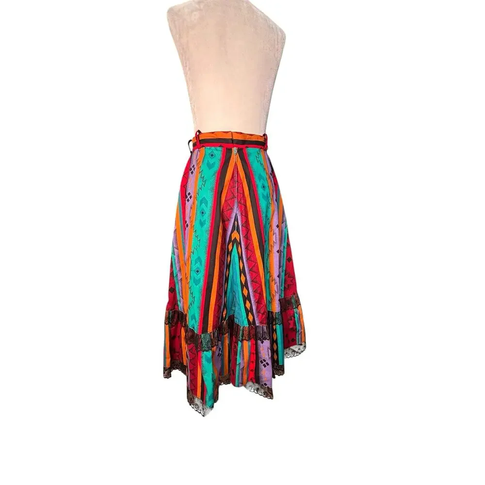 Vintage Handmade Southwestern Geometric Flowing Midi Skirt Lace Trim‎ Boho Ranch